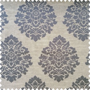 Navy blue cream color traditional damask designs texture finished surface swirls horizontal lines polyester main curtain